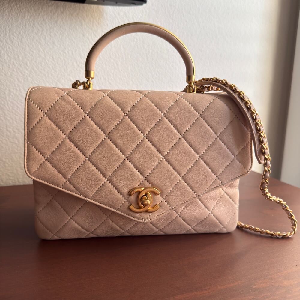 Chanel Top Handle Envelope Flap Bag Beige Quilted Leather CC Turnlock Bag